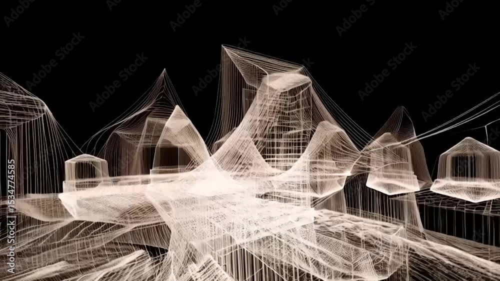 Looping abstract animation of dynamic wireframe lines forming geometric shapes and patterns against a dark background.
