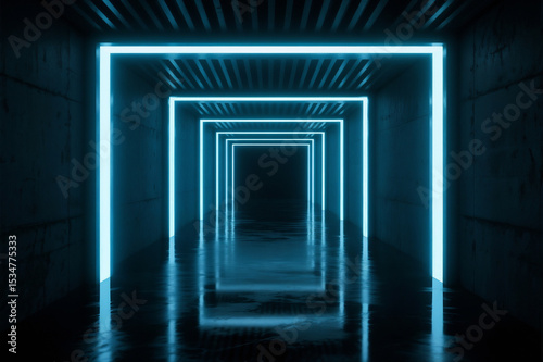 Futuristic Blue Neon Light Tunnel SciFi Abstract Corridor Glow