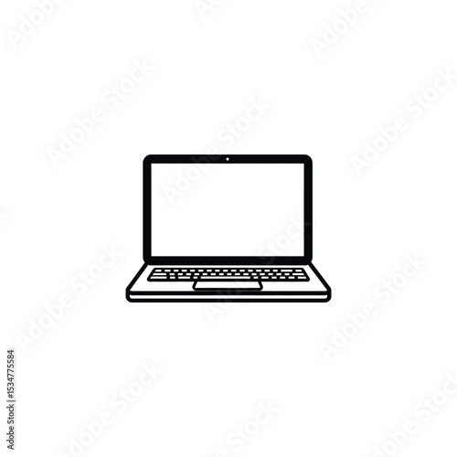Stylized Black and White Laptop Outline with Blank Screen, Isolated on White Background