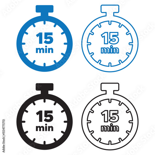 Stopwatch icon. 15 min timer. Stopwatch icon set. solid and line icon style.