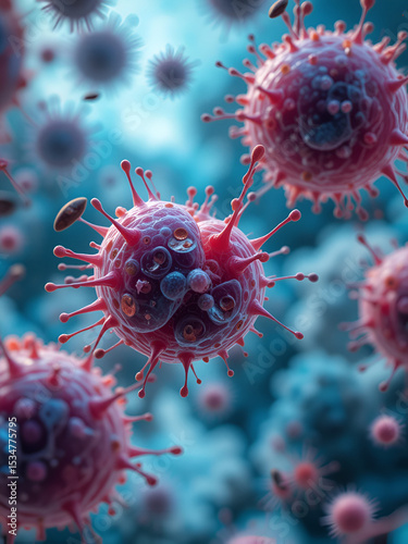 Magnification view of cell division and scattered Clostridium botulinum under microscope 3d rendering