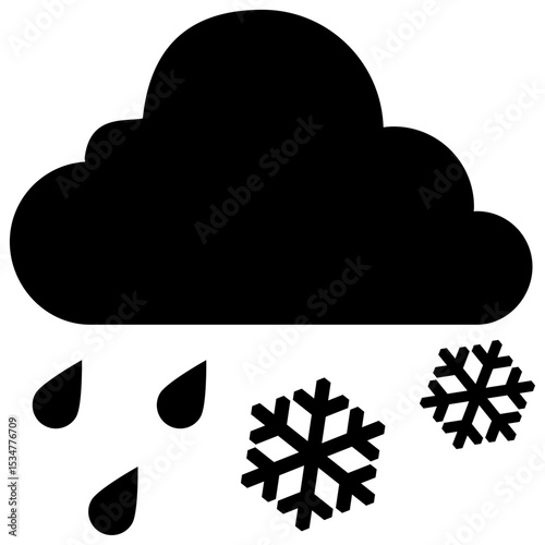 The image depicts a weather icon indicating a mix of rain and snow. The icon features a dark cloud with two raindrops and two snowflakes underneath.