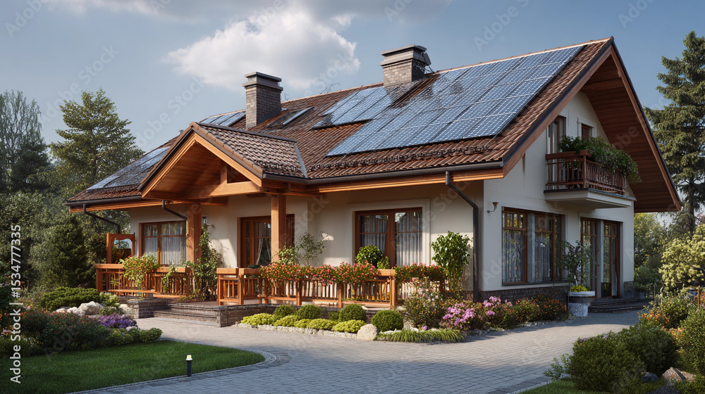 Fototapeta premium Modern Eco Friendly House with Solar Panel Roof Surrounded by Lush Greenery and Clear Blue Sky