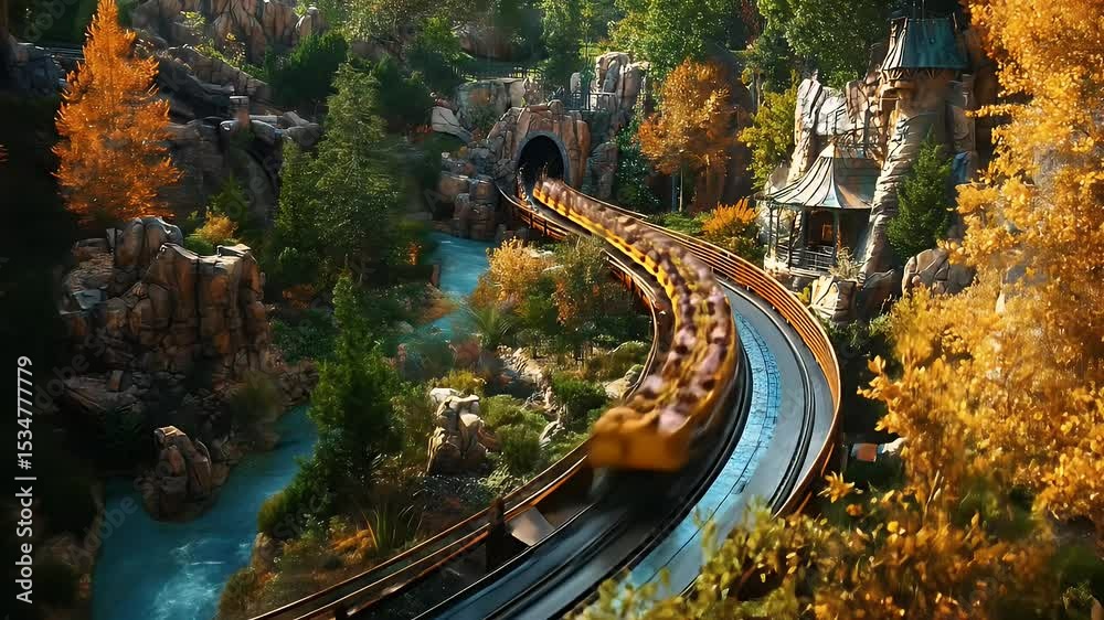 Miniature Railroad Curving Through Lush Forest with Warm Lighting and Train Entering Tunnel at Daytime
