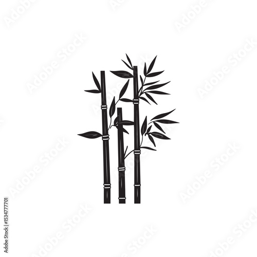 Three Black Bamboo Stalks with Leaves in Silhouette Design on White Background