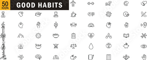 Good habits editable outline icon set. Wellness, fitness, mindfulness, productivity, discipline and more.
