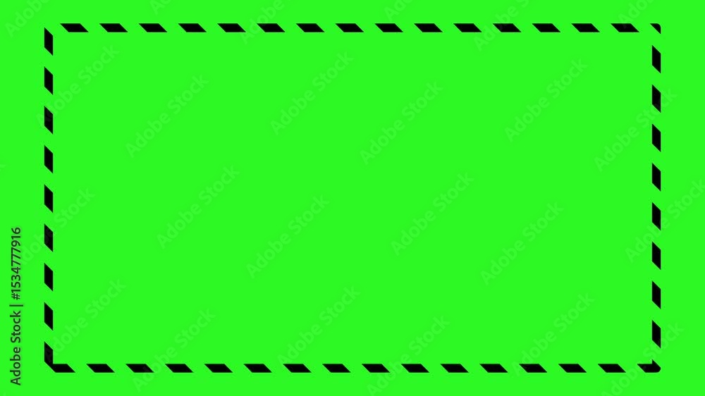 Animated dashed black border on green screen background. Moving frame lines for chroma key video overlay, alert boxes, or dynamic text containers.