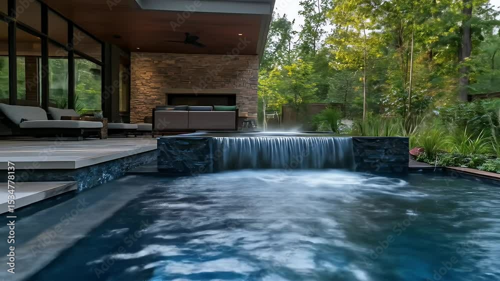 Modern Backyard Pool with Waterfall Feature and Landscaped Garden with Lush Greenery in Natural Daylight