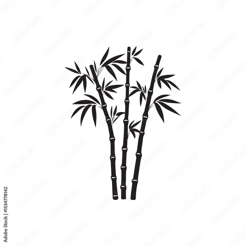 Fototapeta premium Three Black Bamboo Stalks with Leaves Silhouette Illustration Isolated on a White Background