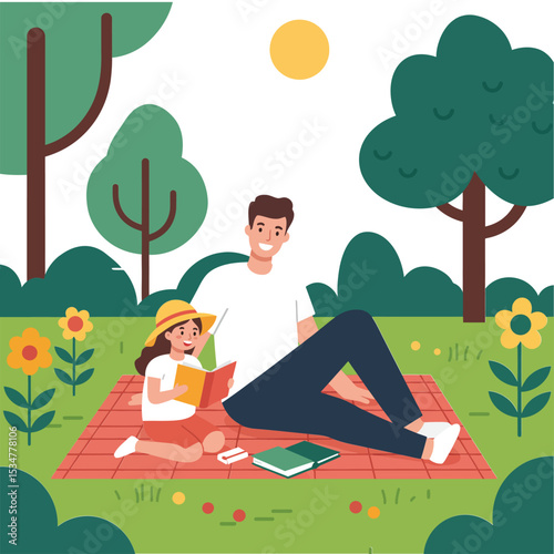 Father and daughter enjoying reading outdoors on a sunny day in green park natural setting 