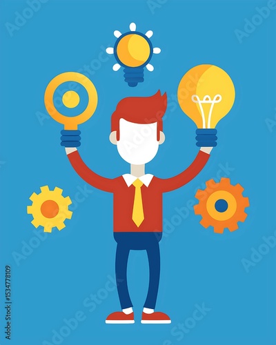 Flat vector illustration of a person holding a glowing lightbulb with turning gears inside — concept of innovation, creative thinking, brainstorming, idea development, and modern business solutions

