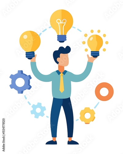Flat vector illustration of a person holding a glowing lightbulb with turning gears inside — concept of innovation, creative thinking, brainstorming, idea development, and modern business solutions

