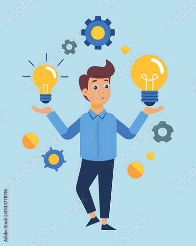 Flat vector illustration of a person holding a glowing lightbulb with turning gears inside — concept of innovation, creative thinking, brainstorming, idea development, and modern business solutions

