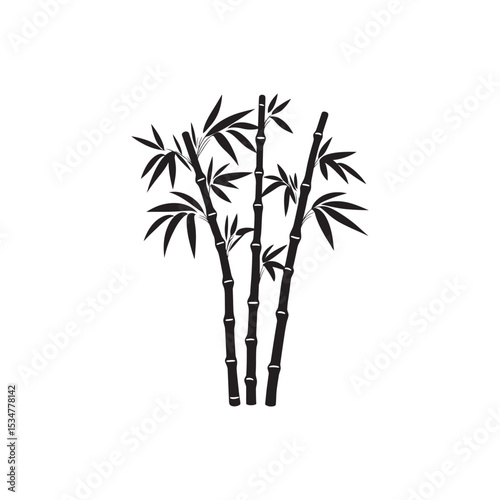 Three Black Bamboo Stalks with Leaves Silhouette Illustration Isolated on a White Background