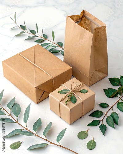 Modern eco-friendly packaging mockup with recyclable cardboard boxes, kraft paper wrap, and eucalyptus leaves on a clean white surface — ideal for sustainable branding, product design, and eco marketi