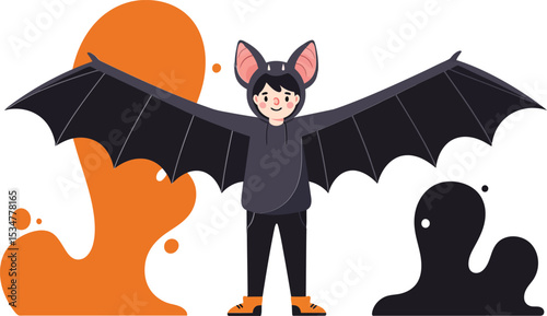 Child dressed as bat costume with black wings and hood for Halloween celebration vector illustration 