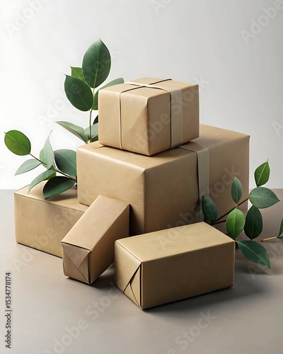 Modern eco-friendly packaging mockup with recyclable cardboard boxes, kraft paper wrap, and eucalyptus leaves on a clean white surface — ideal for sustainable branding, product design, and eco marketi