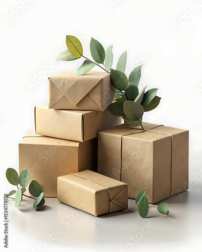 Modern eco-friendly packaging mockup with recyclable cardboard boxes, kraft paper wrap, and eucalyptus leaves on a clean white surface — ideal for sustainable branding, product design, and eco marketi
