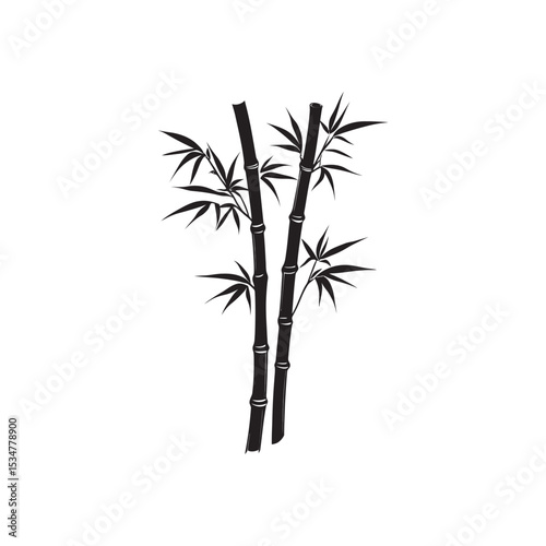Two Black Bamboo Stalks with Leaves Against a White Background Silhouette Style