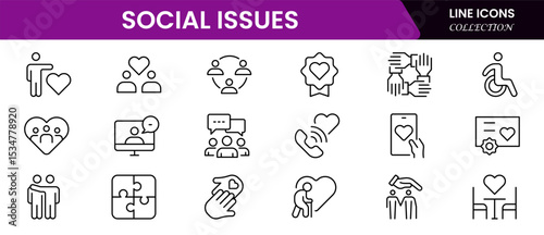 Impactful vector web line icons depicting social issues, equality, justice, community, awareness, and advocacy for positive societal change.