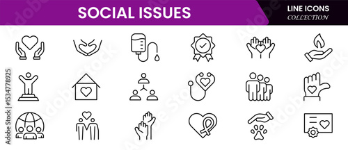 Impactful vector web line icons depicting social issues, equality, justice, community, awareness, and advocacy for positive societal change.