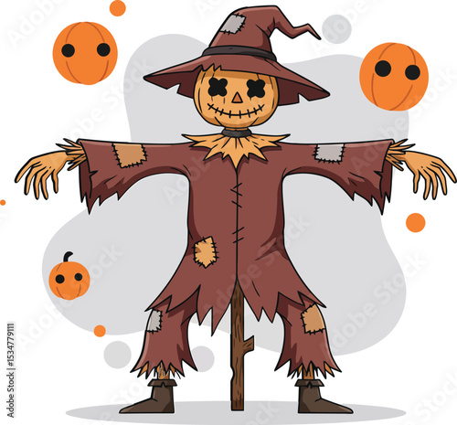Scarecrow Halloween character with floating pumpkin faces spooky autumn decoration vector illustration 