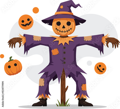 Scarecrow with pumpkin head and floating jack-o-lanterns in Halloween theme vector illustration 