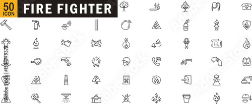 Firefighter icons pack. Emergency fire rescue, safety tools, extinguishing, fire alarm, fire truck, protective gear.

