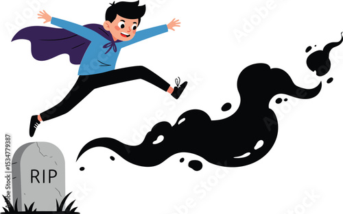 Young man jumping over ghostly black shadow near gravestone in spooky Halloween scene vector illustration 