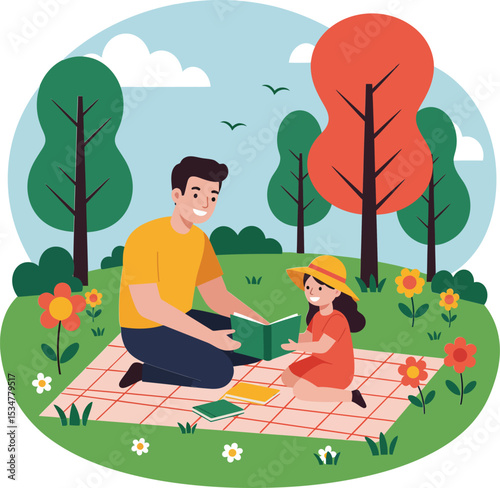 Father reading book to daughter during outdoor picnic in autumn park with colorful trees and flowers vector illustration 