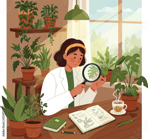 Woman botanist examining plant with magnifying glass at home surrounded by potted greenery and open botanical journal 