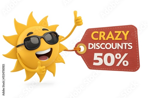 Happy Sun with Sunglasses and Crazy Discounts Tag – Summer Sale Promo Cartoon Illustration
