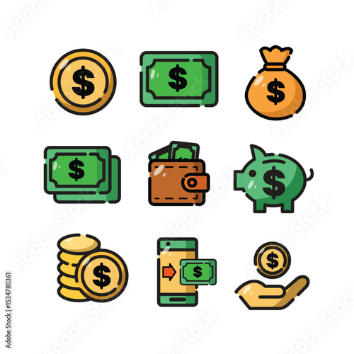 Heres a 12word sentence describing the image the image shows nine colorful icons depicting various methods of saving and spending money.