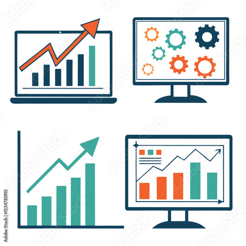 Business growth charts and process icons set