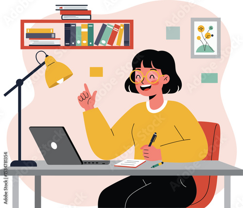 Young woman working on laptop and taking notes at desk with lamp and bookshelf in cozy home office environment 