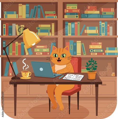 Cat working on laptop in cozy home library with wooden bookshelves and warm lighting vector illustration 