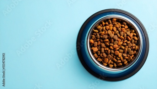 A top-down view showcases a stainless steel bowl filled with nutritious brown kibble, neatly placed on a calming light blue surface ready to be consumed as dinner.