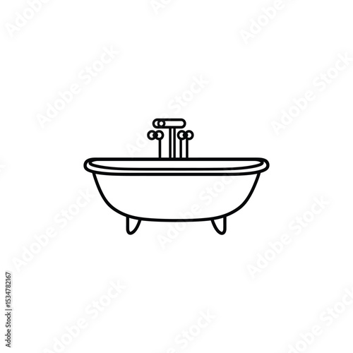 Bathtub Outline Icon Clawfoot Tub with Faucet Fixtures, Simple Line Drawing Illustration