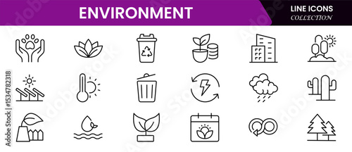 Green vector web line icons depicting environmental care, sustainability, recycling, nature conservation, and eco-friendly practices for a healthier planet.