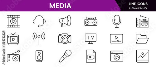 Dynamic vector web line icons showcasing media, broadcasting, streaming, journalism, cameras, microphones, and digital content creation tools.