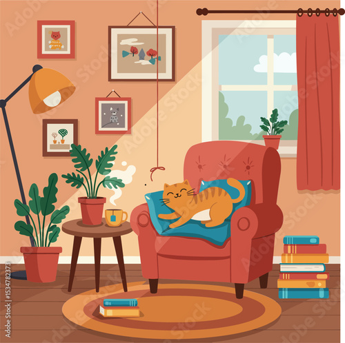 Cozy orange cat sleeping on blue cushion in warm living room with plants and books vector illustration 