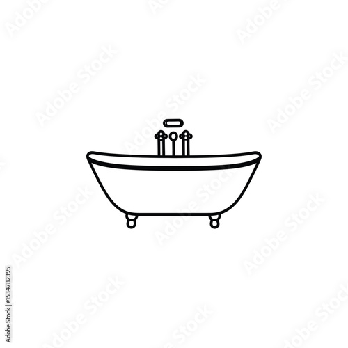 Bathtub Outline with Faucet Fixture and Claw Feet in Black and White Style