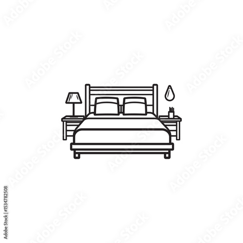 Bedroom Furniture Outline Bed, Nightstands, Lamp, and Accessories Illustration on White Background