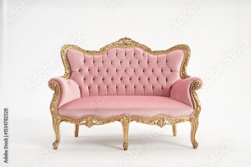 Luxurious Pink and Gold Vintage Sofa with Elegant Details on White Background