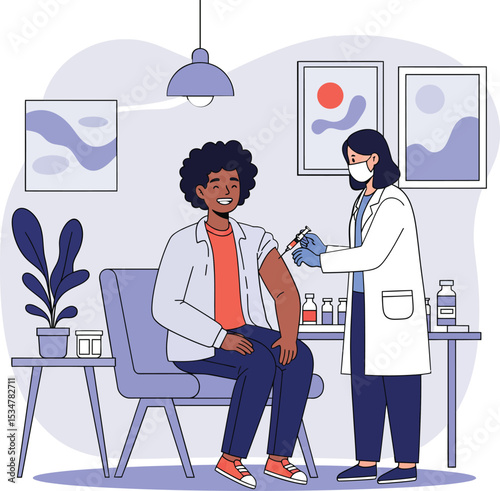 Doctor administering vaccine injection to seated patient in medical clinic vector illustration 