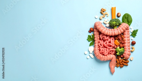Healthy human colon made of food ingredients including broccoli, nuts, spinach, and supplements displayed on a light blue background promoting gut health benefits.