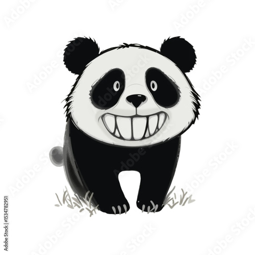 Cartoon panda, happy and aggressive expression, sitting in grass, on transparent background