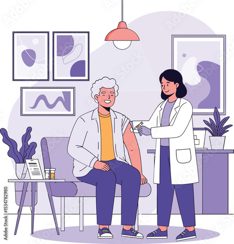 Senior man receiving vaccination injection from female healthcare worker in modern medical office vector illustration 
