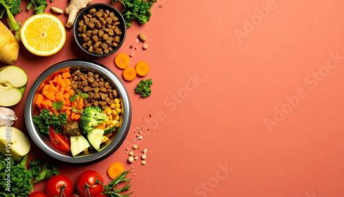 Overhead shot shows a balanced bowl of nutritious dog food next to fresh ingredients like carrots, broccoli, and orange slices on a bright pink background.