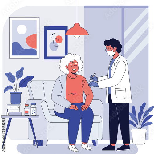 Elderly woman receiving vaccination injection from healthcare worker in home setting with modern decor and medical supplies 